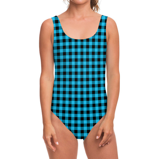 Turquoise And Black Check Pattern Print One Piece Swimsuit