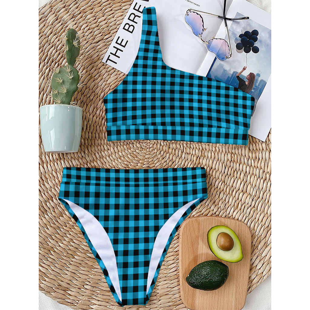 Turquoise And Black Check Pattern Print One Shoulder Bikini Top