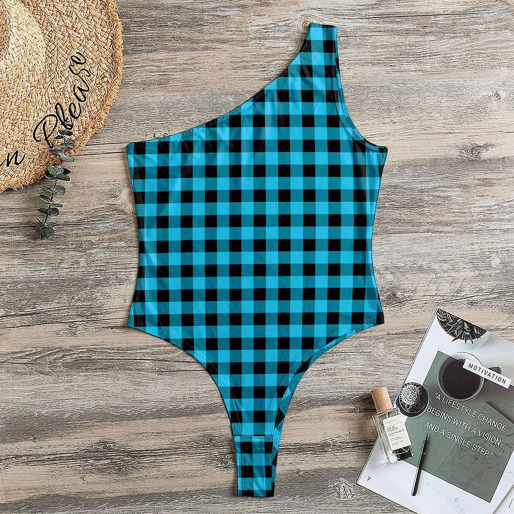 Turquoise And Black Check Pattern Print One Shoulder Bodysuit