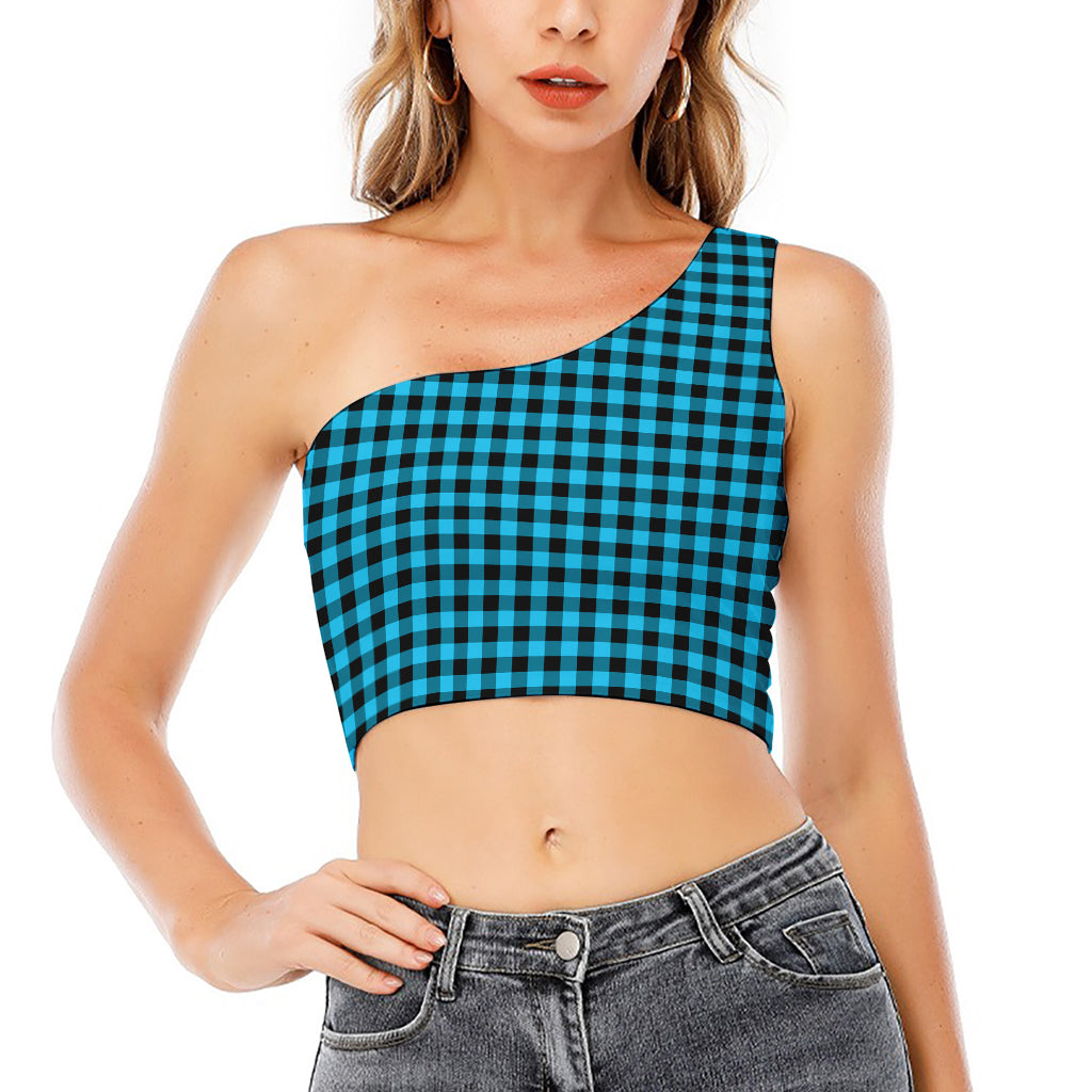 Turquoise And Black Check Pattern Print One Shoulder Crop Top