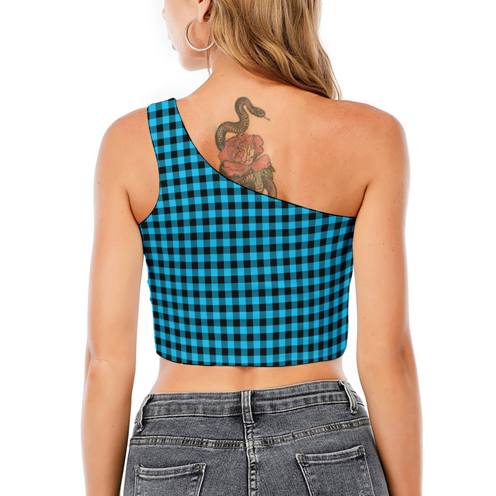 Turquoise And Black Check Pattern Print One Shoulder Crop Top