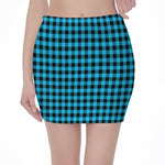 Turquoise And Black Check Pattern Print Pencil Mini Skirt