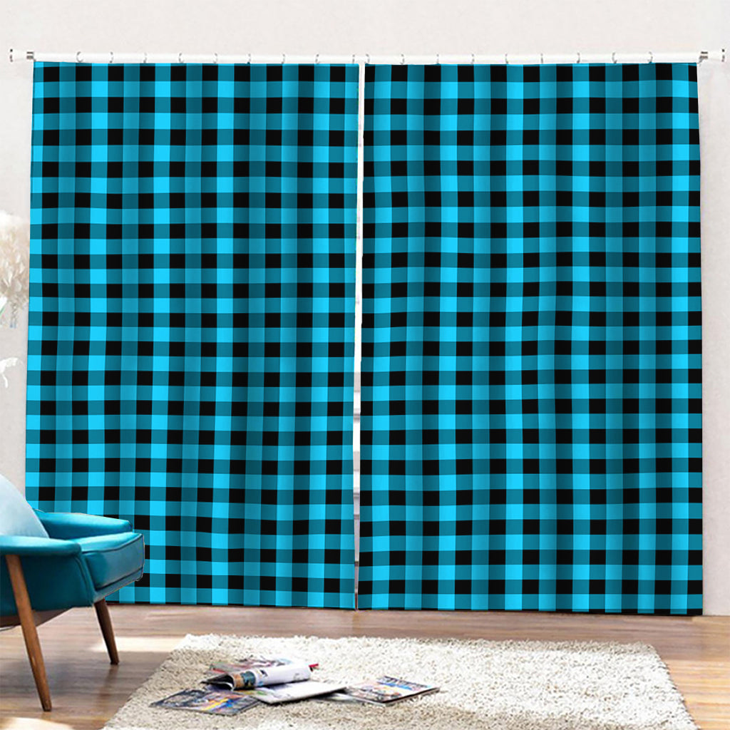 Turquoise And Black Check Pattern Print Pencil Pleat Curtains