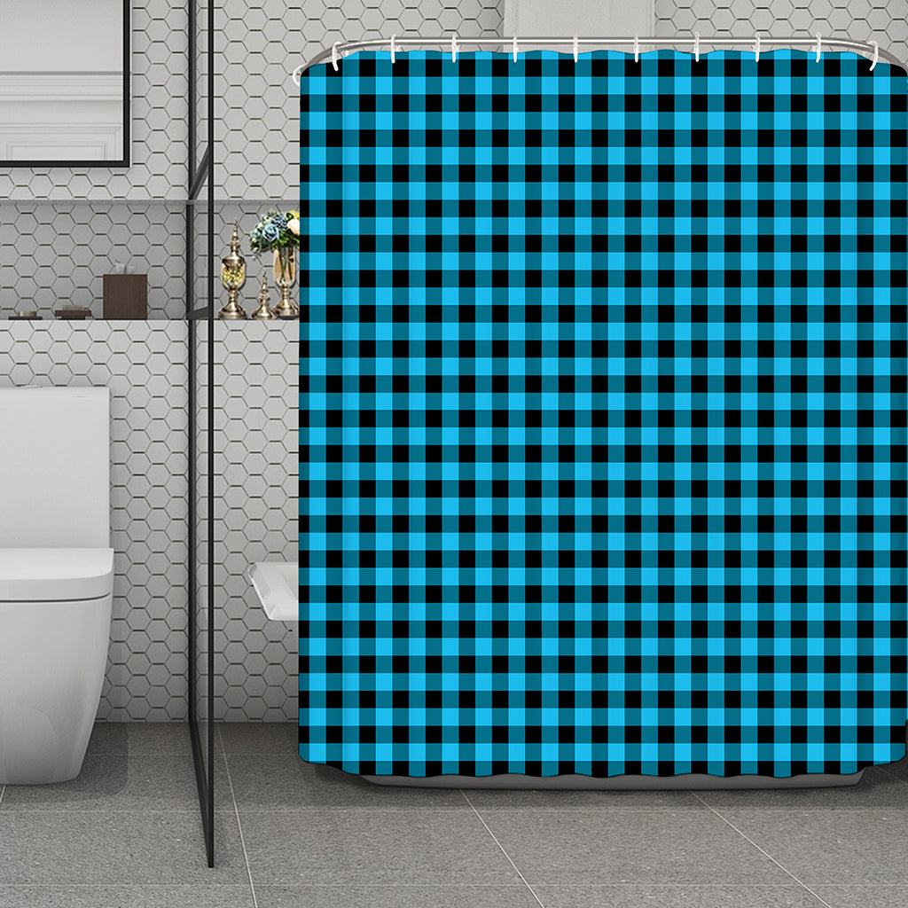 Turquoise And Black Check Pattern Print Polyester Shower Curtain