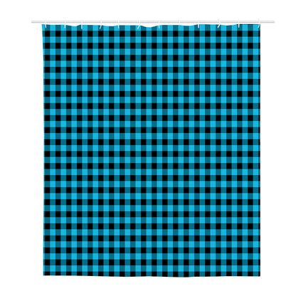 Turquoise And Black Check Pattern Print Polyester Shower Curtain
