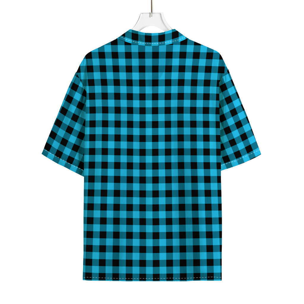 Turquoise And Black Check Pattern Print Rayon Hawaiian Shirt