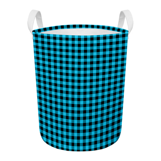 Turquoise And Black Check Pattern Print Round Laundry Basket