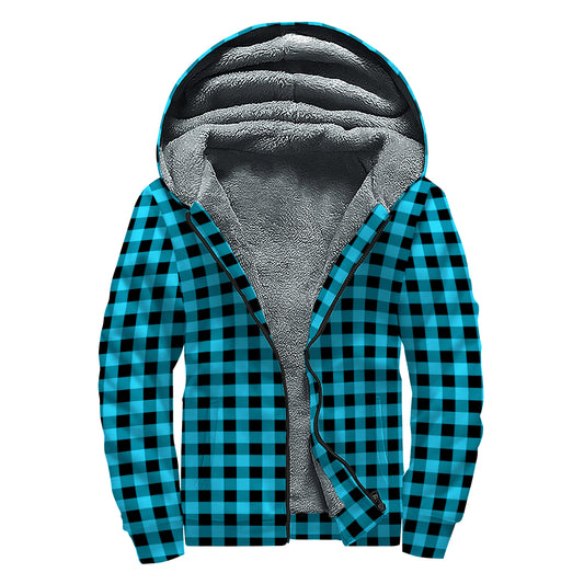Turquoise And Black Check Pattern Print Sherpa Lined Zip Up Hoodie