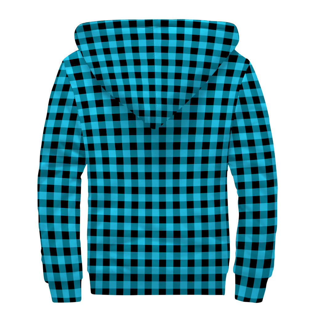 Turquoise And Black Check Pattern Print Sherpa Lined Zip Up Hoodie