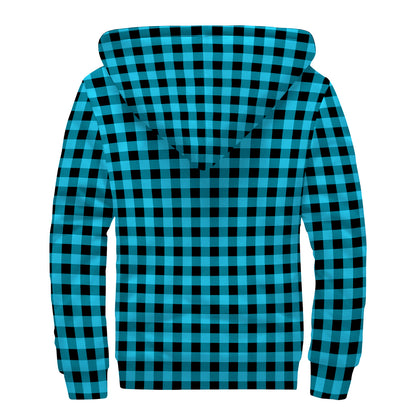 Turquoise And Black Check Pattern Print Sherpa Lined Zip Up Hoodie
