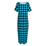Turquoise And Black Check Pattern Print Short Sleeve Long Nightdress
