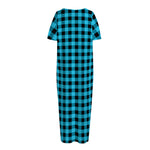 Turquoise And Black Check Pattern Print Short Sleeve Long Nightdress