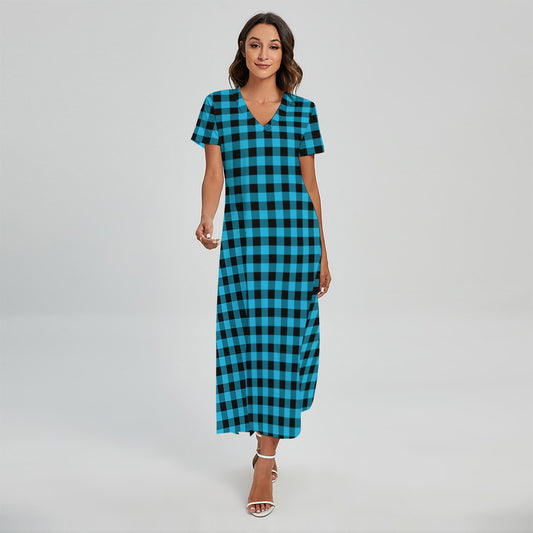 Turquoise And Black Check Pattern Print Short Sleeve Maxi Dress