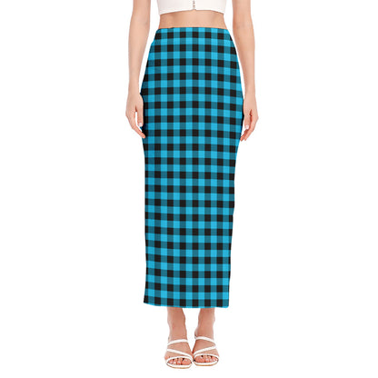 Turquoise And Black Check Pattern Print Side Slit Maxi Skirt