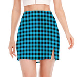 Turquoise And Black Check Pattern Print Side Slit Mini Skirt