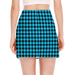 Turquoise And Black Check Pattern Print Side Slit Mini Skirt