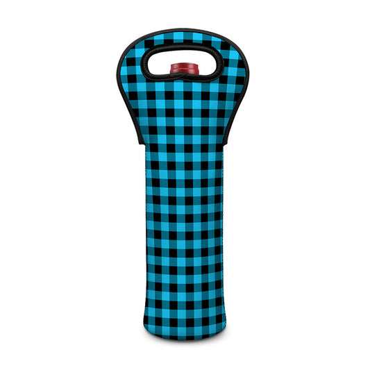 Turquoise And Black Check Pattern Print Single Neoprene Wine Tote