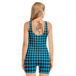 Turquoise And Black Check Pattern Print Sleeveless One Piece Swimsuit