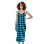Turquoise And Black Check Pattern Print Slim Fit Midi Cami Dress