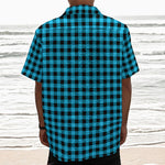 Turquoise And Black Check Pattern Print Textured Short Sleeve Shirt