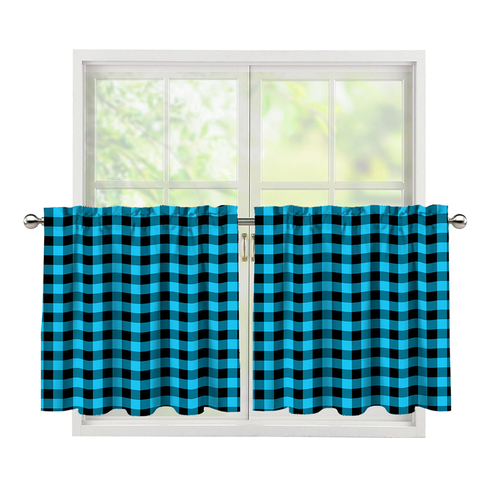 Turquoise And Black Check Pattern Print Tier Curtains