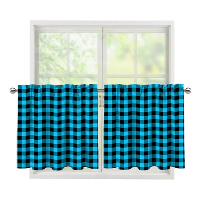 Turquoise And Black Check Pattern Print Tier Curtains