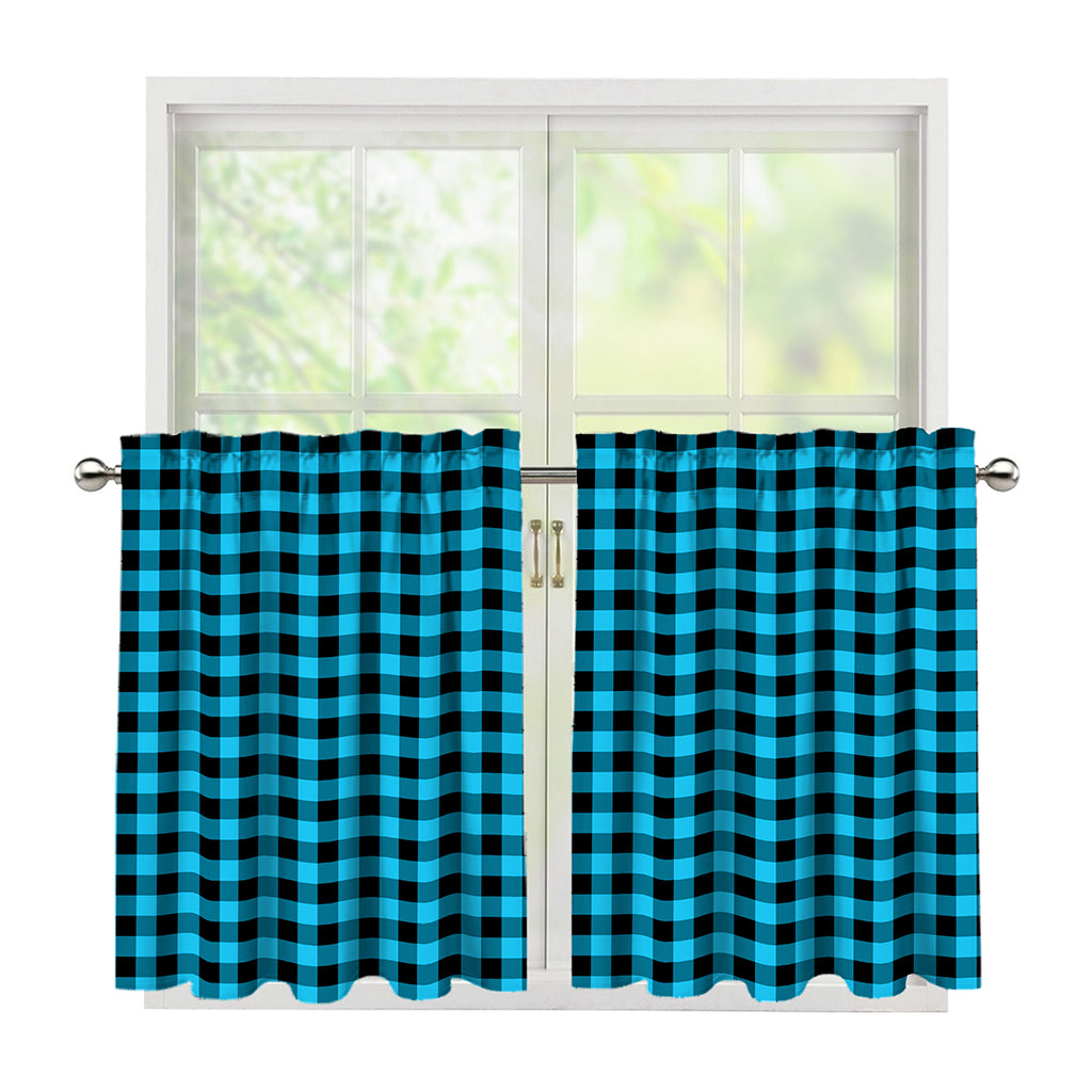 Turquoise And Black Check Pattern Print Tier Curtains