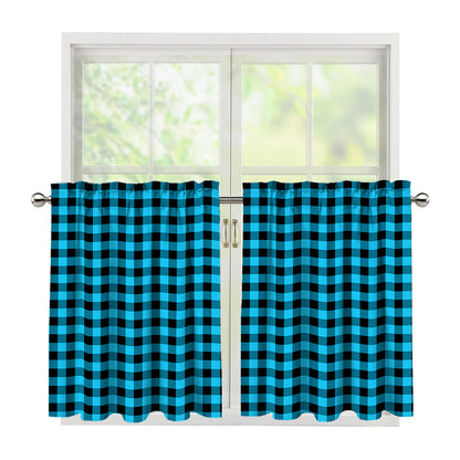 Turquoise And Black Check Pattern Print Tier Curtains