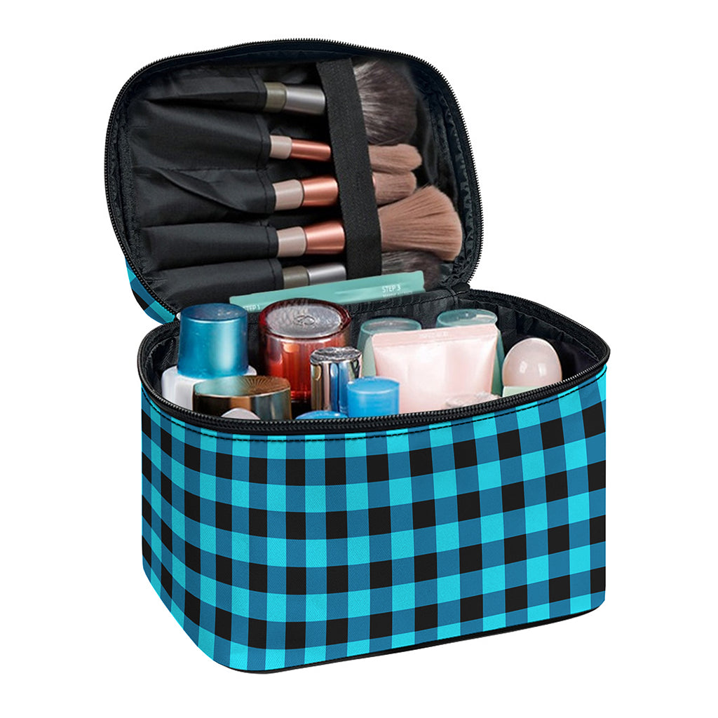 Turquoise And Black Check Pattern Print Travel Makeup Bag
