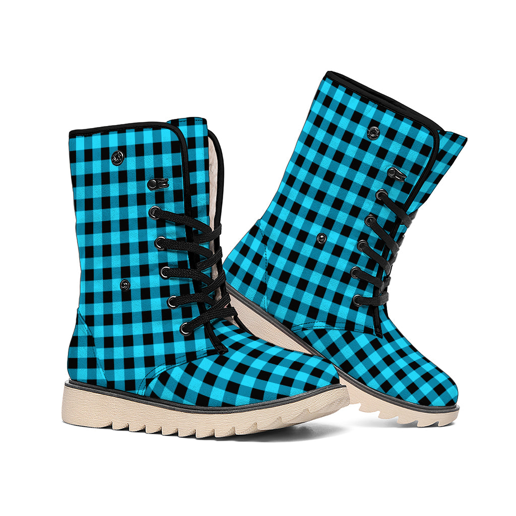 Turquoise And Black Check Pattern Print Winter Boots