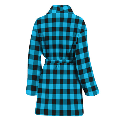 Turquoise And Black Check Pattern Print Women's Bathrobe