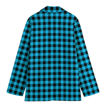 Turquoise And Black Check Pattern Print Women's Blazer