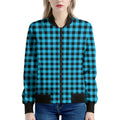 Turquoise And Black Check Pattern Print Women's Bomber Jacket