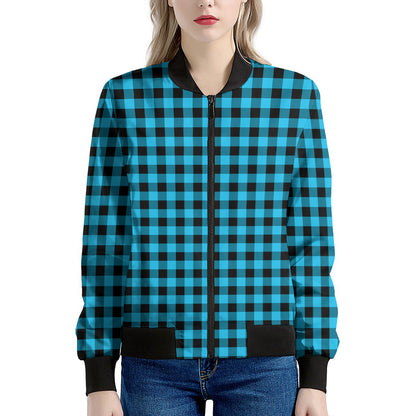Turquoise And Black Check Pattern Print Women's Bomber Jacket
