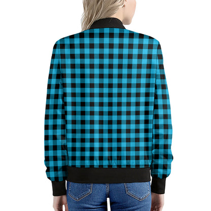 Turquoise And Black Check Pattern Print Women's Bomber Jacket