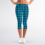 Turquoise And Black Check Pattern Print Women's Capri Leggings