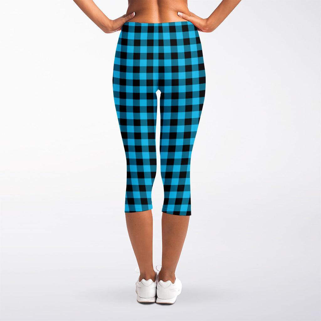 Turquoise And Black Check Pattern Print Women's Capri Leggings