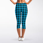 Turquoise And Black Check Pattern Print Women's Capri Leggings