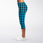 Turquoise And Black Check Pattern Print Women's Capri Leggings