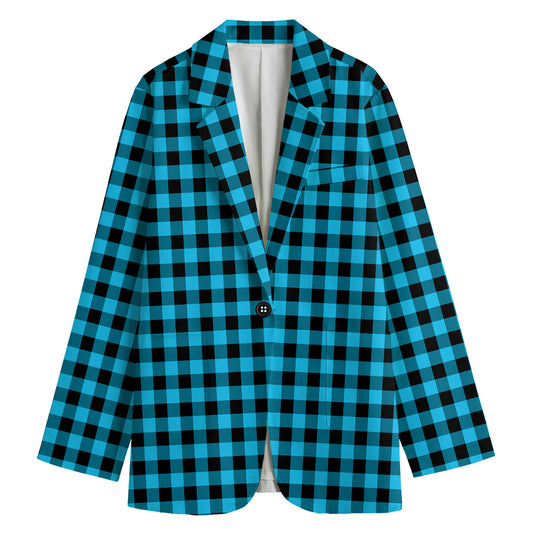 Turquoise And Black Check Pattern Print Women's Cotton Blazer