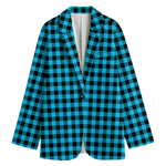 Turquoise And Black Check Pattern Print Women's Cotton Blazer