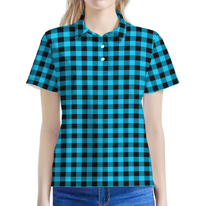 Turquoise And Black Check Pattern Print Women's Polo Shirt