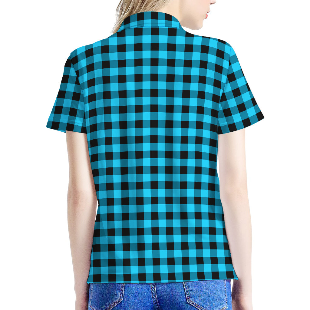 Turquoise And Black Check Pattern Print Women's Polo Shirt