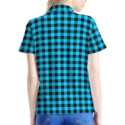 Turquoise And Black Check Pattern Print Women's Polo Shirt
