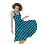 Turquoise And Black Check Pattern Print Women's Sleeveless Dress