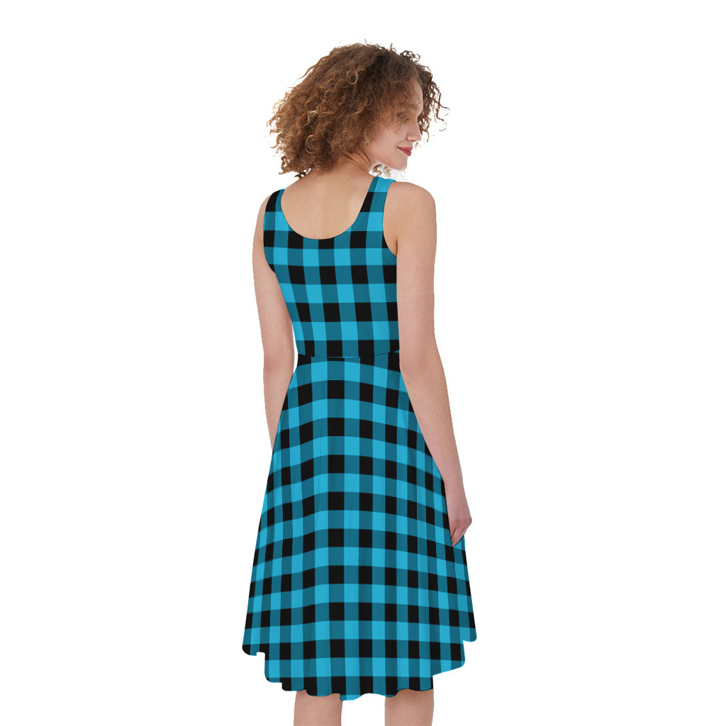 Turquoise And Black Check Pattern Print Women's Sleeveless Dress