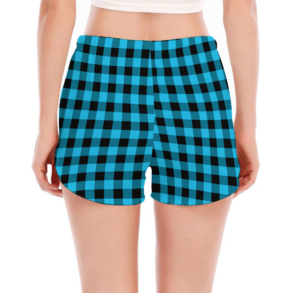 Turquoise And Black Check Pattern Print Women's Split Running Shorts