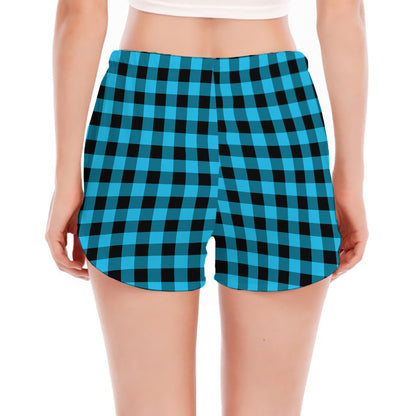 Turquoise And Black Check Pattern Print Women's Split Running Shorts