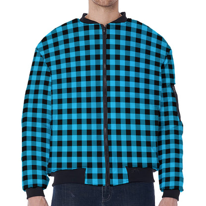 Turquoise And Black Check Pattern Print Zip Sleeve Bomber Jacket