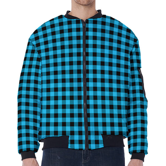 Turquoise And Black Check Pattern Print Zip Sleeve Bomber Jacket